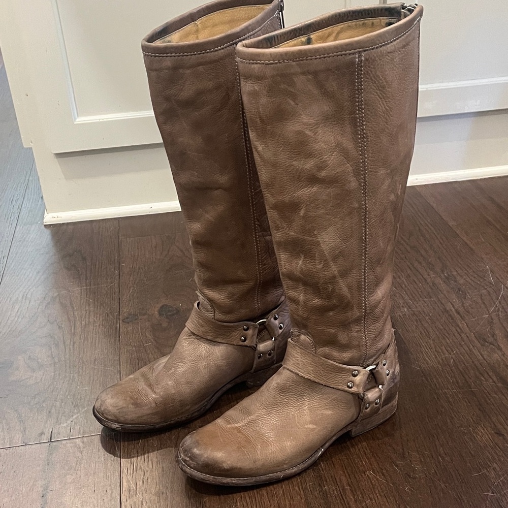 Frye Brown Leather Harness Knee-High Heeled Boots